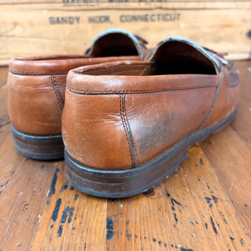 Vintage Brown Leather Woven Kiltie Tassel‎ Loafer Mens 9M Slip On Cognac Brown